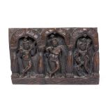 Carved wooden panel Indian carved depicting three shivas in a temple 19cm high x 30cm across