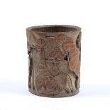 Carved bamboo brush pot Chinese, 19th Century the brush pot carved to the exterior depicting a river