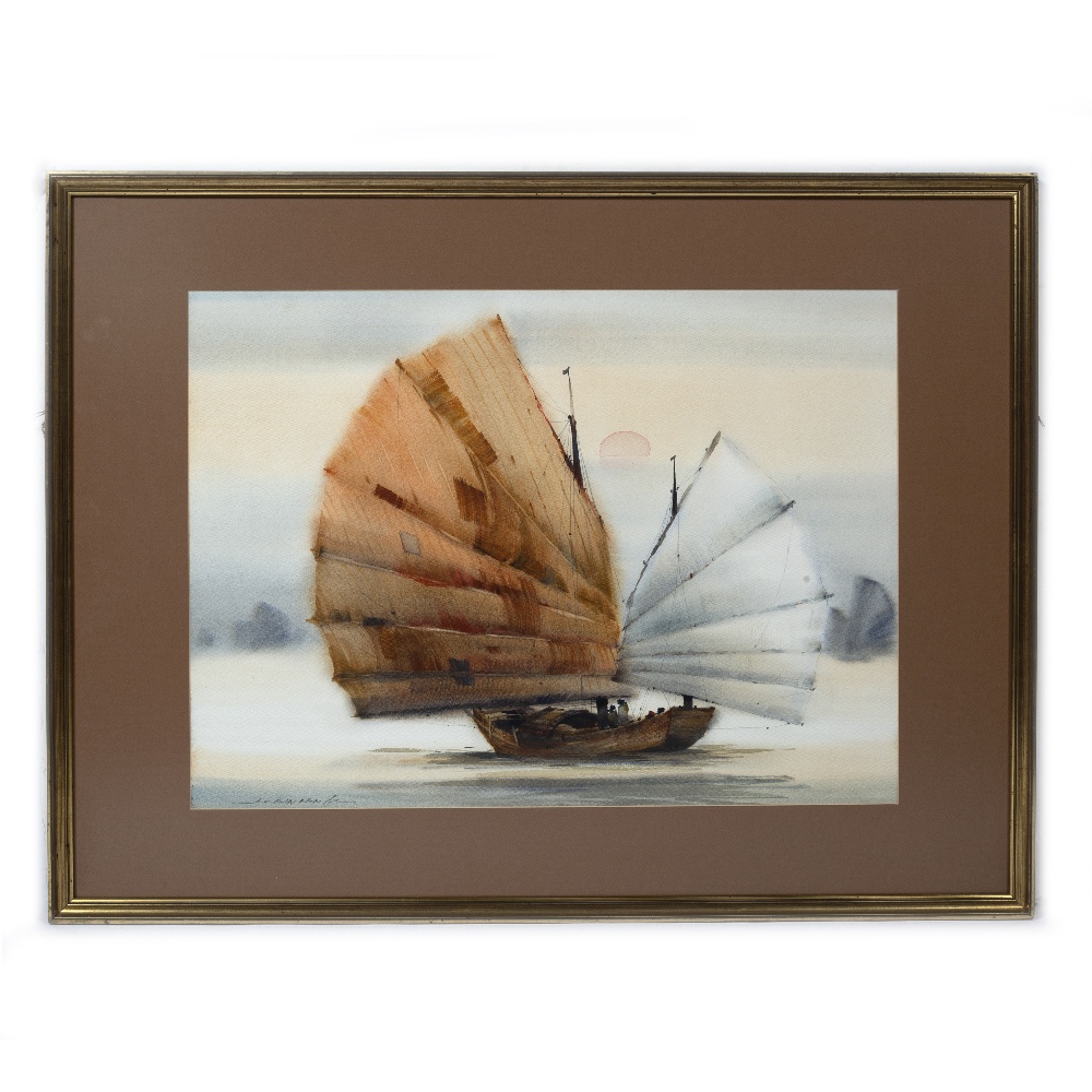 H Leung (Chinese) fishing boats, oil on canvas 89cm x 58cm and a watercolour study of a junk - Image 2 of 6