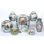 Group of polychrome pieces Chinese including tall jar with figural scene 28cm five ginger jars and a