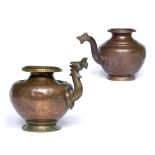 Two copper lotas Indian, 19th Century both of plain form with the top of the spout modelled as a
