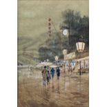 Japanese school circa 1930 street scene with geisha walking with parasols at dusk, signed