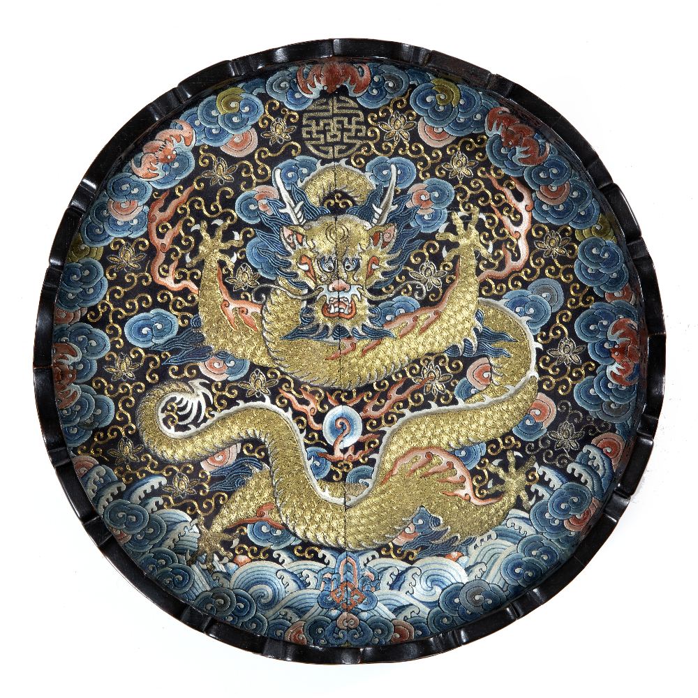 Embroidered rank badge Chinese, 19th Century depicting a forward facing five clawed dragon in gold