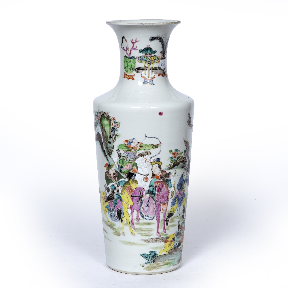 Polychrome enamelled vase Chinese, 19th Century painted with a stag hunting scene 45cm high