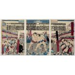 Utagawa Kunitoshi (1847-1899) 'Sumo Wrestling' Japanese, woodblock print, triptych, circa 1884