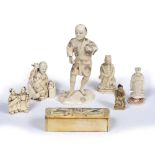 Collection of six ivory and bone carvings Chinese/Japanese to include a standing figure dressed in