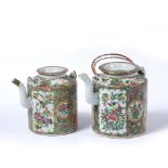 Two Canton cylindrical teapots Chinese,19th Century each painted with panels of figures and other