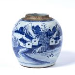 Blue and white ginger jar Chinese, 19th Century painted with a mountainous, lake and landscape scene