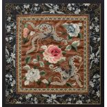 Pair of embroidered panels Chinese depicting butterflies and peonies. 45 x 43cm