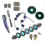 Embroidered jewellery case Chinese containing assorted Chinese jewellery, two jadeite bi discs and a