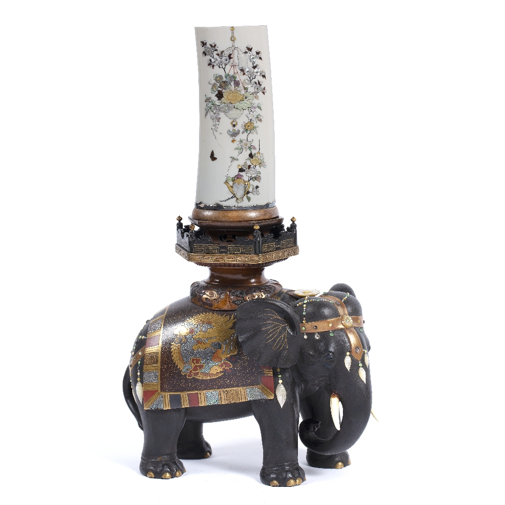 Ivory tusk vase Japanese, late Meiji finely decorated on two sides with Shibayama work with a