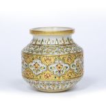 Enamelled alabaster vase Indian decorated to the body with gold panels of flowers 9.5cm high