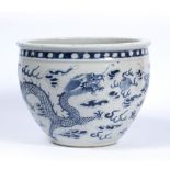 Blue and white porcelain jardiniere Chinese, 19th Century with dragon and flaming pearl decoration