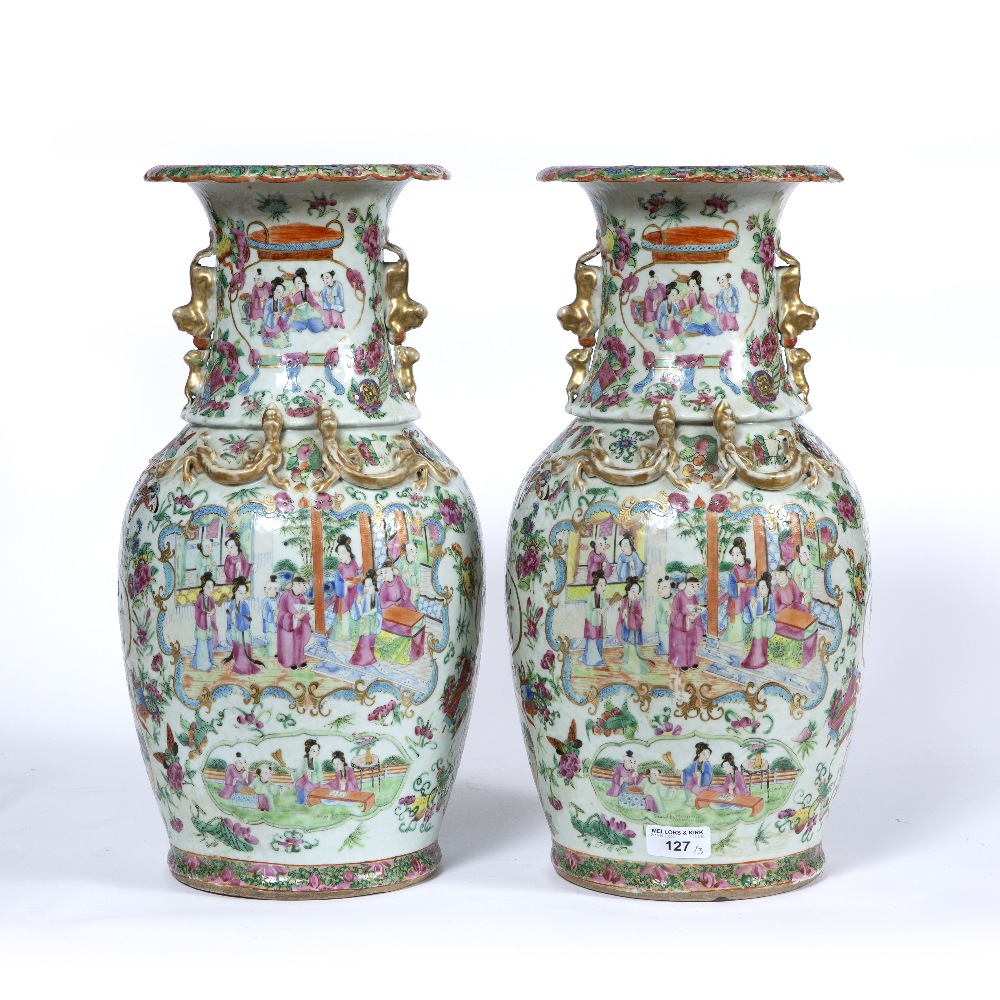 Pair of Canton polychrome vases Chinese,19th Century each painted with a panel of courtiers,within a - Image 3 of 4