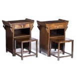 Pair of hardwood side tables Chinese each having a single drawer and with pull-out small table below