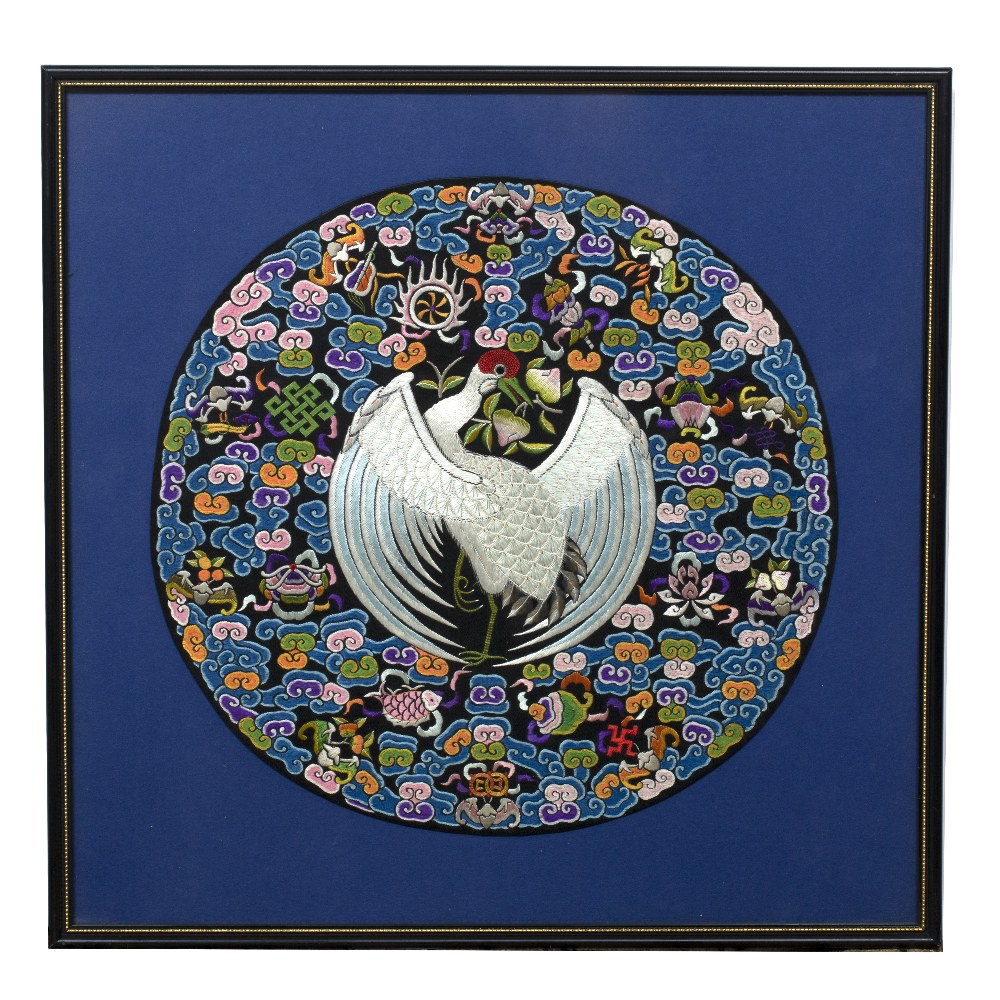 Pair of circular embroidered panels Chinese, 20th Century decorated with a central peacock in flight - Image 2 of 6