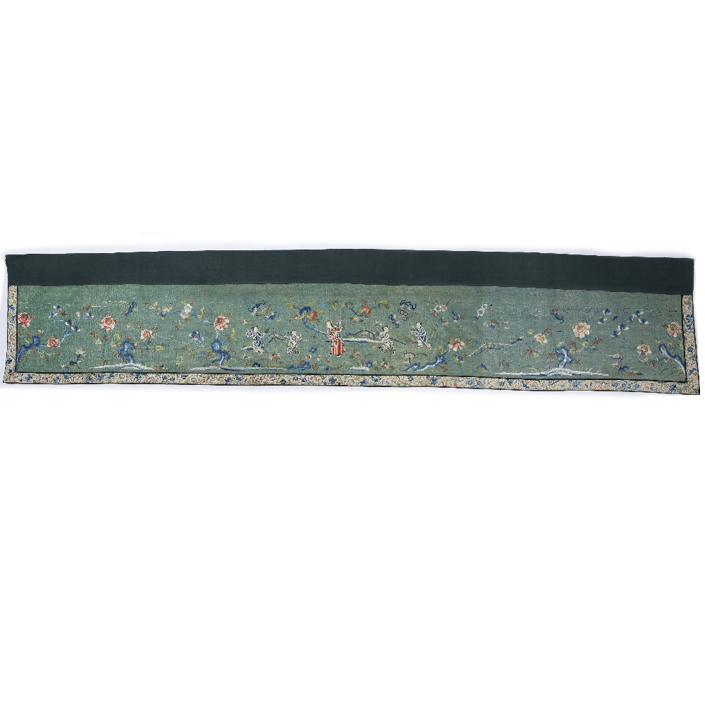 Green silk long panel Chinese embroidered with various figures and other auspicious symbols 253cm - Image 2 of 2