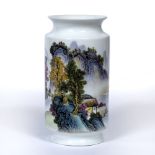 Famille rose lantern vase Chinese, 20th century decorated with a landscape scene, base with iron red