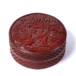 Cinnabar lacquer circular box Chinese, 19th Century carved to the top with two figures under a