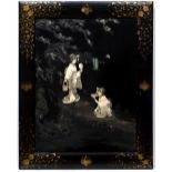 Black lacquer panel Japanese, late 19th Century mounted in bone with two geisha in a lacquer and