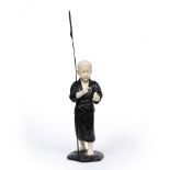 Bronze and ivory figure Japanese, Meiji period of a bare footed youth standing feeding a young