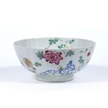 Famille rose bowl Chinese,18th Century of ribbed form, painted with a fence and various flowers 26cm