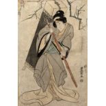 Utagawa Toyokuni I (1769-1825) 'Man with staff' circa 1810, woodblock print 36cm x 23cm