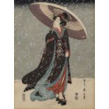 Kikugawa Eizan (1787-1867) 'Snowy day' woodblock print 27.5cm x 21cm