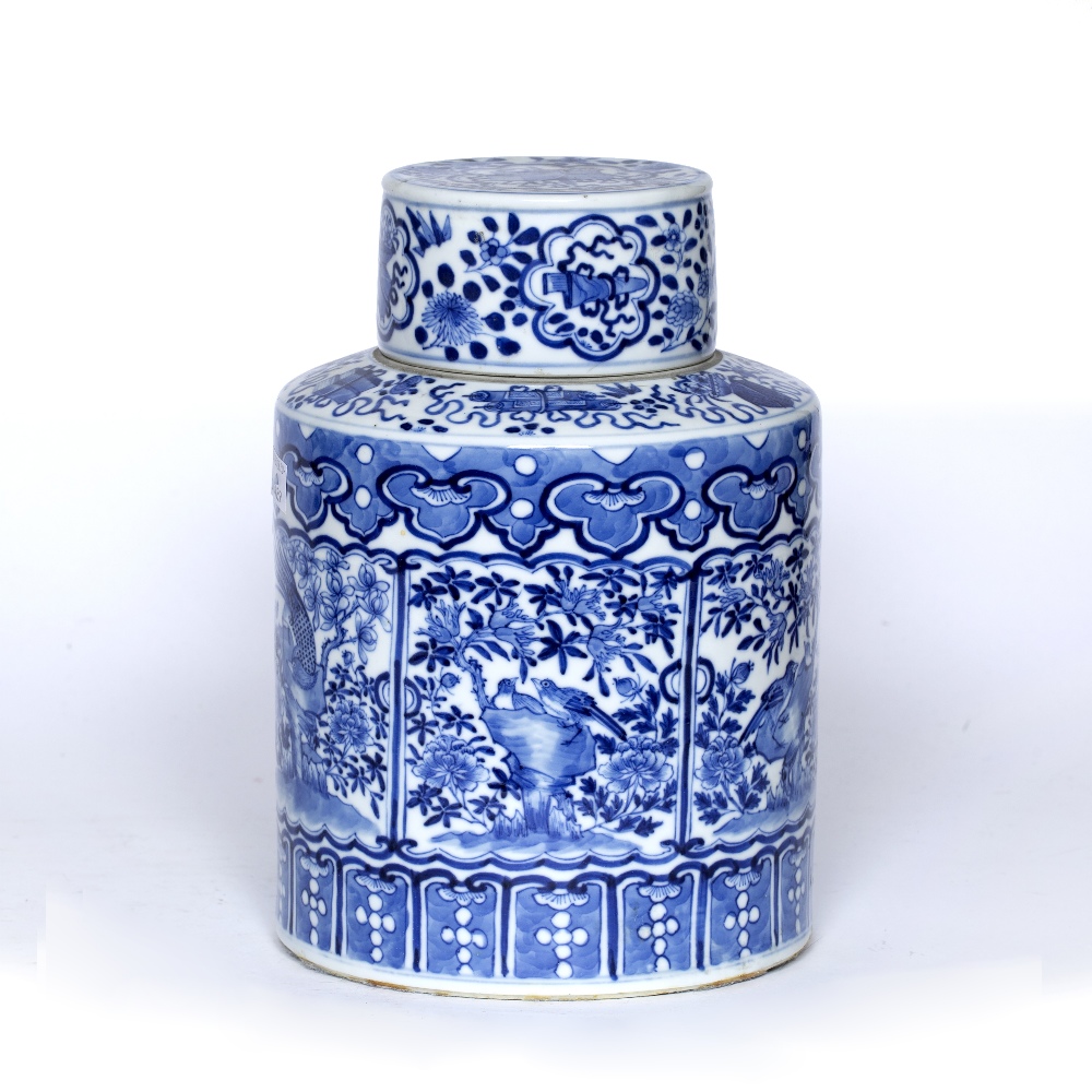 Blue and white cylindrical vase and cover Chinese, 19th Century decorated with panels of birds and