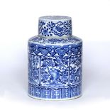 Blue and white cylindrical vase and cover Chinese, 19th Century decorated with panels of birds and