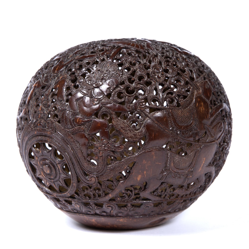 Carved coconut lamp Balinese carved with foliate scrolls and deities. 18cm across - Image 4 of 5