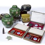 Group of pieces Chinese including a pair of green ground cloisonne vases and covers,17.5cm high, a