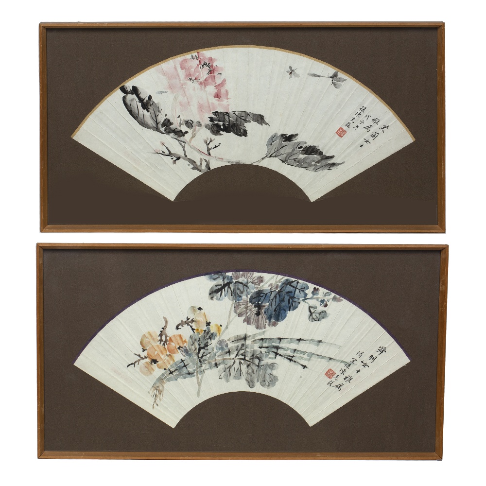 Pair of fan studies Chinese, 20th Century signed Sun Chen Ke, ink on paper, depicting flowers, - Image 2 of 6