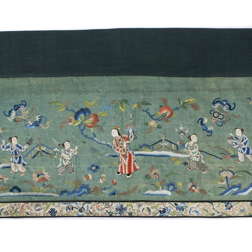 Green silk long panel Chinese embroidered with various figures and other auspicious symbols 253cm