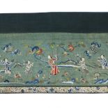 Green silk long panel Chinese embroidered with various figures and other auspicious symbols 253cm