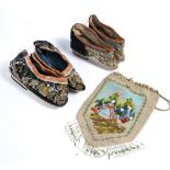 Two pairs of embroidered slippers/shoes Chinese, 19th Century with Peking knot decoration largest