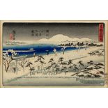 Utagawa Hiroshige (1797-1858) 'Evening snow at Mimeguri Shrine' woodblock print 21cm x 34cm