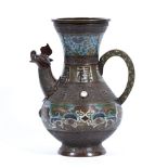 Tibetan style cloisonne ewer Chinese, 19th Century with animal mask spout and with inset mounts 32cm