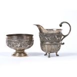 White metal jug and bowl Indian each embossed with various animals 11cm high and 8.5cm diameter