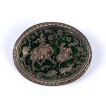 Miniature pendant Indian,19th Century depicting a big game hunting scene in white metal with a green