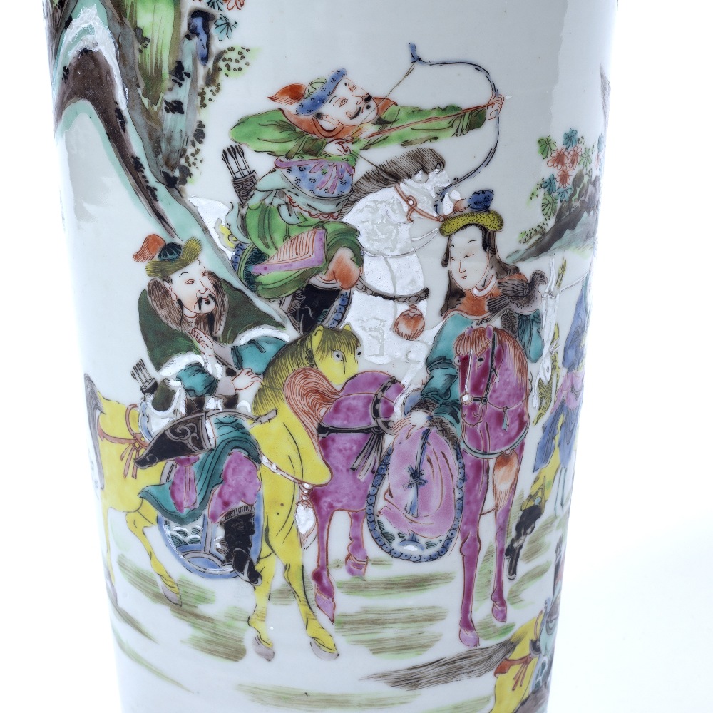 Polychrome enamelled vase Chinese, 19th Century painted with a stag hunting scene 45cm high - Image 5 of 8