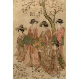 Kitagawa Utamaro (1750-1806) Japanese 'Orian with her Shinzo and Kamuro' woodblock print 37cm x