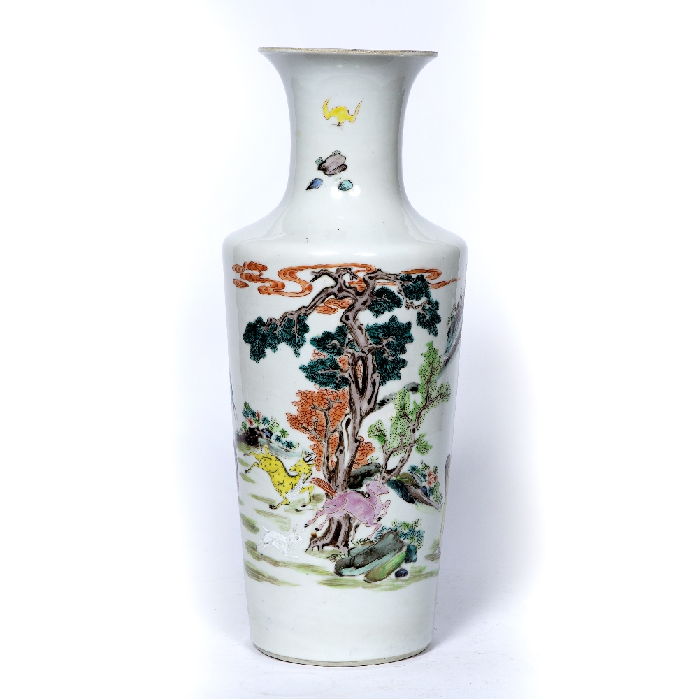 Polychrome enamelled vase Chinese, 19th Century painted with a stag hunting scene 45cm high - Image 3 of 8