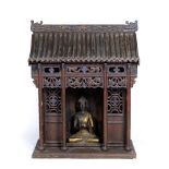 Large Buddhist shrine Chinese, 19th Century carved as a wooden temple with painted and gilded