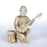 Ivory okimono Japanese, late Meiji in the form of a lute player seated on a tree stump, signed Shiko