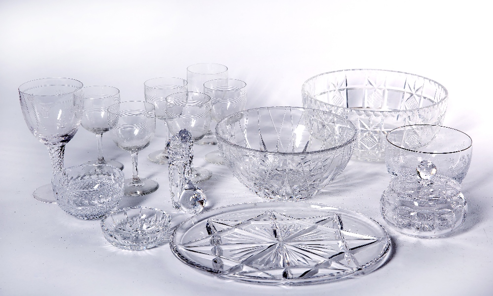 Collection of cut and etched glassware to include: small Waterford bowl, Stuart crystal air twist