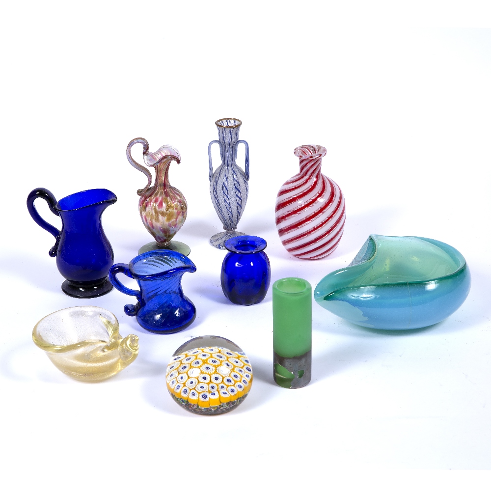 Selection of coloured glassware to include: millefiori cane paperweight, Venetian glass vases,