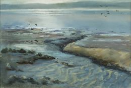 Phil Bazeley (British, 20th Century) 'Birds over water' pastel, signed in pencil lower left 21cm