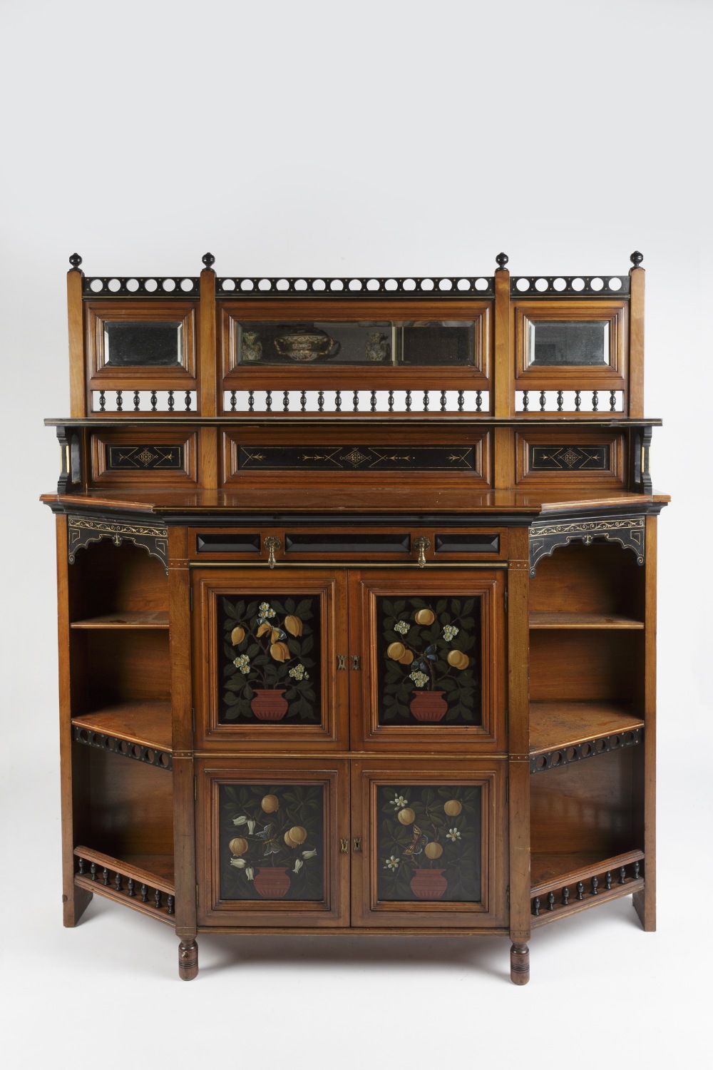 Maple & Co ebonised sideboard, aesthetic movement, handpainted doors, stamped to the drawer 151.