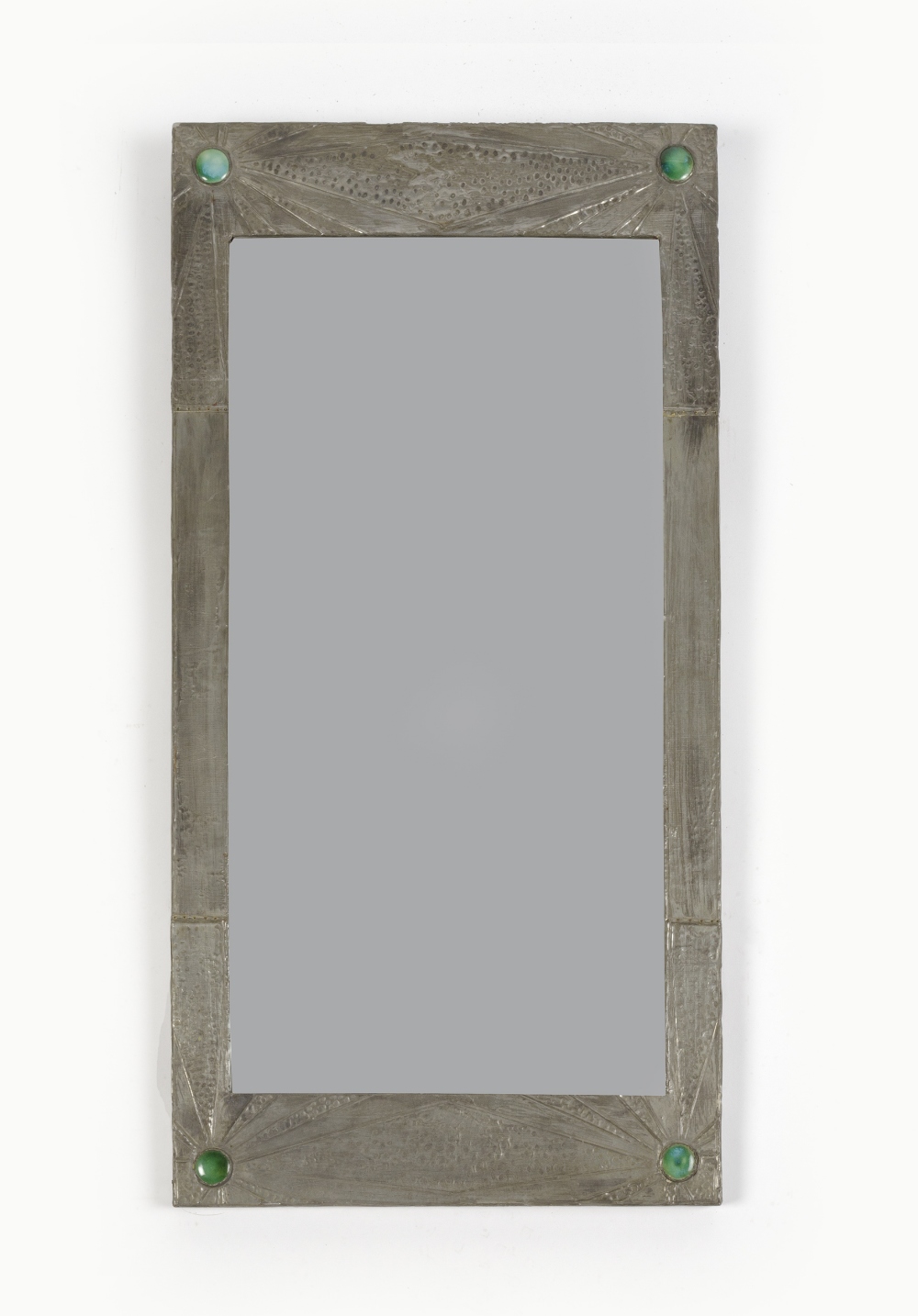 Glasgow School mirror the pewter frame with inset enamelled Ruskin type ceramic roundels, unmarked